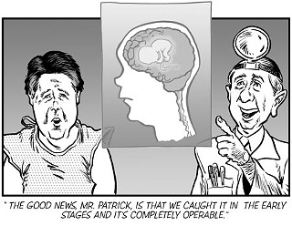 Sen. Dan Patrick, R-Houston, proposes (Senate Bill 920) that every pregnant woman in Texas seeking an abortion be required to review an ultrasound image of her fetus as part of the state’s “informed consent” for abortion requirement. Although Patrick insisted in an April 24 hearing that the bill wouldn’t require women to view the image – he went toe-to-toe with Laurie Felker Jones from NARAL ProChoice Texas, who pointed out that the bill did, in fact, require just that – he nonetheless toned down the language to provide that a woman could refuse to look, but would still be required to have it “reviewed” (read: described) for her in order to satisfy informed consent. For this and other reasons, it occurred to us that maybe we should take an ultrasound of Sen. Patrick’s head. The bill passed out of committee with only Sen. Eliot Shapleigh voting against it. <i>Jordan Smith</i>