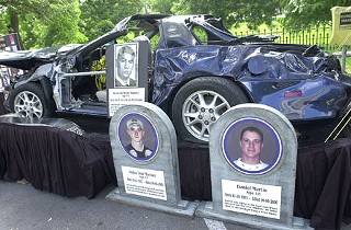 Taylor High School students Josh Morrison (l) and Daniel Martin (r) died
Sept. 9, 2000, when the new Z28 Camaro Brandon Gomez (top) was driving
crashed after a football game. They had been drinking. Morrison and
Martin are buried side by side, said Guy Benson, director of alcohol and
drug awareness nonprofit Danger Without Intentions, which began a summer
safety campaign Friday, June 1, at the Capitol with this DWI crash
display. For more about Danger Without Intentions, see
<a href=http://www.dangerwithoutintentions.com target=blank><b>www.dangerwithoutintentions.com</b></a>.