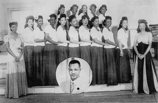 The Prairie View Co-eds from Prairie View A&M University, one of the few black, all-girl swing bands in the United States. Ernest Mae Crafton, first row, is seventh from left.