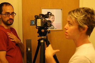 Boland, Love, and sculptor Jade Walker in the Winship
Drama Building's odd, pink bathroom