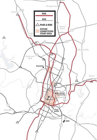 2025 Transit Plan: The streetcar service area (shaded/red) sits at the heart of the transit spiderweb linking the region. Suburban commuters arriving in Austin – as well as locals – will need circulator transit to get around the city without a car.

<p><a href=http://www.austinchronicle.com/issues/dispatch/2007-07-20/ASGOverall.jpg target=blank><b>View a larger map</b></a>