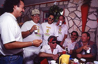 Hot Sauce Contest Prelim Judges 1993: Clockwise from top left: Henry Alvarado, Fred Alvarado, Carlos Contreras, Wayne O'Connell, Phil Born, Kevin Combs, and Dave Walsh (center, seated)