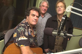 Save Town Lake members (l-r) Bill Oliver, Tom Cooke, and Bob Livingston took their message, and music, to KGSR studios Tuesday morning.
