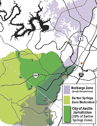 In the zone: The city of Austin can regulate development (and water quality controls) only within its jurisdiction. But rainfall throughout the environmentally sensitive watershed (Barton Springs Zone) fills creeks that cross the recharge zone; there it runs into the aquifer and evenatually emerges – polluted or not – at Barton Springs.