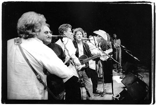 Deeper Than Love: (l-r) Willis Alan Ramsey, Gary P. Nunn, David Ball, Champ Hood, and Junior Brown at the Walter Hyatt Tribute, Austin's Paramount Theatre, 1996