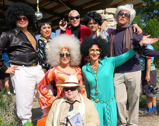 Pit Stop No. 1 starring (front) Truman Capote, (middle l-r) Disco Diva and Diana Ross, (back l-r) Disco Divo, Liza Minnelli, Halston, Fat Liz Taylor, and Andy Warhol