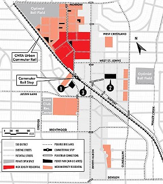 1 and 2 show proposed locations for pocket parks; council has asked staff to draft commitments to acquire specific tracts of at least a half-acre each. 3 is a recommended Rails With Trails hike-and-bike trail, along the Capital Metro rail line. In addition to maintaining the commitment to 25% affordable housing, council asked for all three SAPs to be returned with more specific parks and trail acquisition plans.