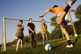 (l-r) Sandy Ewen, Nick Hennies, and Aaron Russell guarding the goal (among other things)