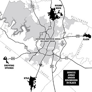 Capital Metro could extend bus and rail service beyond its existing service area to include Cedar Park and Round Rock in Williamson Co., Elgin in Bastrop Co., and Kyle and Dripping Springs in Hays Co.