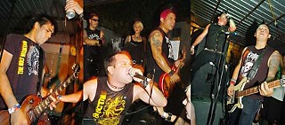 Out of the van, rocking: (l-r) Justin and his beer; your author singing and Trae on guitar; me again and bassist Javier, July 4 at Austin’s Red 7