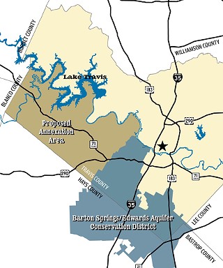 Voters in this area of western Travis Co. may be asked next year to approve annexation by the Barton Springs/Edwards Aquifer Conservation District, which would set groundwater pumping limits in this high-growth area.