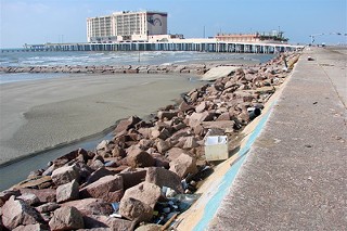 The mammoth finial atop this monument to the massive seawall project, undertaken after the Great Storm of 1900 was seriously disturbed by Ike.