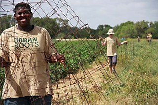 Chris Matthews carrying tomato cages with Farm Assistant Erin Bolton