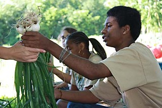 Anthony Gilbert passing cleaned onions with Rachel Silberman (back left) and Sasha Alfred (back right)