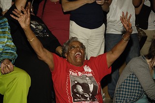 An Austin woman thrills to the news of Obama's victory at the Driskill.