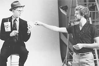 Turk Pipkin assisting Harry Anderson in Houston at a TV commercial shoot circa 1980.