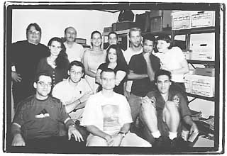 Cinemaker Co-op (l-r): Back row: Guillermo del Toro, Charles Nafus, Jen Proctor, Aaron Valdez, Bob Ray. Middle row: Mireille Fornego, Jennifer Hill, Richard McIntosh, Kris DeForest. Front row: John Bedolla, Justin Hennard, Barna Kantor, Gonzo.