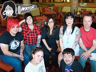 Cho’s Ho’s: Back row (l-r): Girl in a Coma’s Phanie, Jenn,
and Nina; Margaret Cho; and Margaret’s friend Stephen.
Front row: Your humble Gay Placers, Ash and Andy.