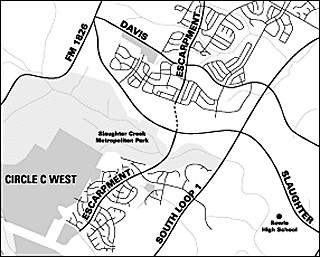 Our map of the area, most recently seen in the March 17 issue, shows Escarpment Blvd. crossing Slaughter Lane, when in fact the road doesn't connect to Slaughter from the north, stopping at Salcon Creek Drive. The nonexistent segment is shown here as a dotted line. Almost all of the maps we could find, including some on the city's Web site, contained the same error, and some earlier maps showed the segment as planned expansion. But although the Bradley Agreement includes a provision to extend Escarpment south, to provide internal access and fire protection access to Circle C residents, expansion north of Slaughter is not being considered at this time.