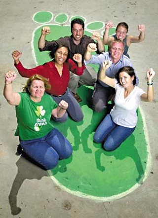 The climateers: striking a power punch at global warming are (l-r) Mary Priddy, Lisa Braithwaite, Sascha Petersen, Jennifer Clymer, Jake Stewart, and Rachel Thompson.