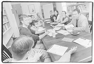 Denis Johnson (far right) teaches a class at the Michener Center for Writers