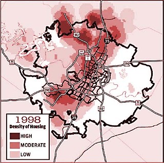 Affordable Single-Family Homes, <b>1998</b>: The map shows the locations of detached single-family units that are affordable to Austin families earning between 51% and 80% of median family income. The term density here does not imply density of land use but of affordable housing in a given geographical area.
