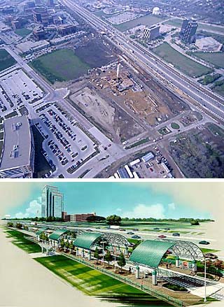 Galatyn Park, a 500-acre multiuse complex being built
around a DART station in Richardson's Telecom
Corridor, is one of several projects bringing
transit-oriented development to Dallas auto-dependent
suburbs, even before DART actually gets there. To the
north, Plano (top left) is planning a mixed-use town
center around its station-to-be.