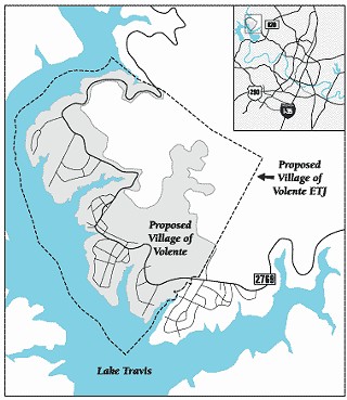 A developer has proposed that Volente, a Lake Travis-area community best known for its marinas and water parks, be released from Austin's extraterritorial jurisdiction (and thus its environmental-protection and land-use laws) and allowed to incorporate as the Village of Volente. The area in question is just two square miles, more than half of which is vacant land proposed for residential development by the Volente Group.