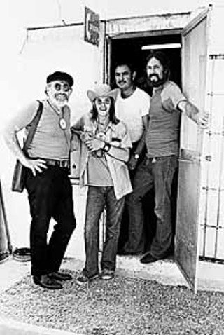 Outside Zaz Records in San Antonio (l-r) Jerry, Doug, unidentified, and Augie, 1972