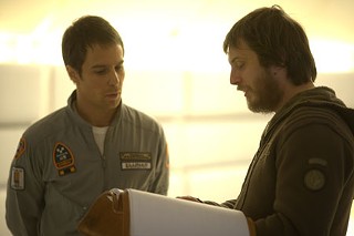 Director Duncan Jones (r) and Sam Rockwell on the set of <i>Moon</i>