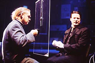 Robert S. Fisher, as Thomas Edison, with Michael Miller as Tesla in <i>Requiem for Tesla</i>