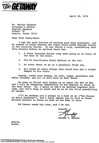 Correspondence from <i>The Getaway</i>'s associate producer to TFC director Warren Skaaren