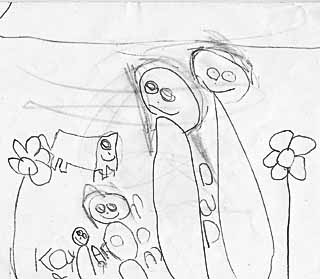 <i>Family Portrait</i>, by Ari Polgar (age 5), daughter of director Robi Polgar and director-dramaturg Michelle Polgar. From left to right, little sister Katie, the artist, Mom, Dad.