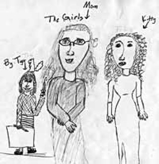 <i>The Girls</i>, by Tiger Darrow (age 8), daughter of actor Peyton Hayslip. Left to right, the artist (also an aspiring veterinarian, hence the syringe and squirrel on head), Mom, and older sister Kitty.