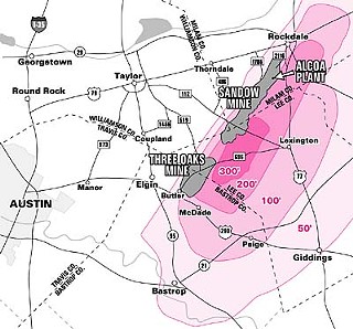Alcoa's Rockdale facility, Sandow Mine, and proposed Three Oaks Mine. Red shaded areas indicate projected well drawdowns, due to groundwater withdrawals under Alcoa's contract with San Antonio, through 2050.
<br>

(Sources: Bastrop County Environmental Network and U.T. Bureau of Economic Geology)
