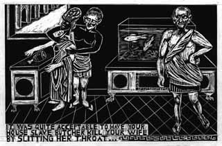 Penny Van Horn: This was the very first piece I ever did for the <i>Chronicle</i>. It dates all the way back to July 1987. When I brought it to Martha Grenon, who was the art director at that time, she seemed a trifle dismayed. Is it okay? I asked. It's okay, but it's a little violent, don't you think? she answered. Violence notwithstanding, I thought I pulled a rather provocative image from the written piece -- something eye-catching as a hook for the reader. At that time I was using words in each illustration. These days I have abandoned the square or rectangular format in favor of a shape that type can wrap around.