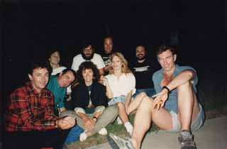 Back row: Kathleen Maher, Nick Barbaro, Ed Ward, Louis Black Front row: (Two unidentified Australian friends), Galia Hardy, Susan Moffat, and John Sayles