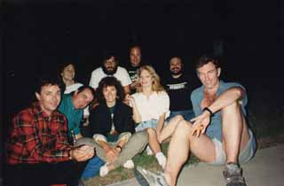 Back row: Kathleen Maher, Nick Barbaro, Ed Ward, Louis Black   Front row: (Two unidentified Australian friends), Galia Hardy, Susan Moffat, and John Sayles