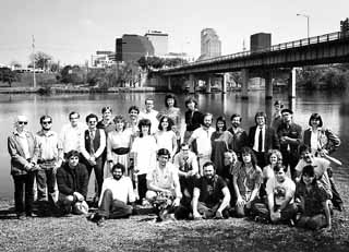 Standing: Marjorie Baumgarten, R.U. Steinberg, John Ross, Gerald McLeod, Nels Jacobson, Carolyn Phillips, Jay Trachtenberg, Lois Richwine, Jay Frank Powell, Sylvia Bravo, Bejou Merry, Diana Claitor, Roland Swenson, Deborah Valencia, Warren Spector, Kent Benjamin, Allen Varney, Richard Dorsett, Amanda Krebs. Seated/kneeling: Jeff Whittington, Jim Shahin, Nick Barbaro, Robert Faires, Louis Black, Kathleen O'Connell, Pat Blashill, Mary Bunten, Luke Torn, Vic Jacobs, Kathleen Maher