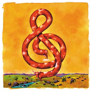 Keith Graves: I did the original black and white version of this idea for a Chron cover back in '89 or '90 maybe. It may have been for a music issue. I liked it so much that I later painted this color version which was used by Texas Monthly for a CD cover of Texas music.