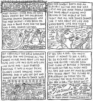 In 1993, the <i>Chronicle</i> hosted the Association of Alternative Newsweeklies annual convention, and got Lucinda Williams to play at a picnic. Later, Lynda Barry drew this strip about it.