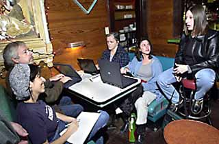 (l-r): Melissa Gonzales, Howard Hawhee, Regan Brown, Victoria Schlesinger, and Erika Bennett meet at the Spider House nine days before each one of them must finish a 50,000-word novel.