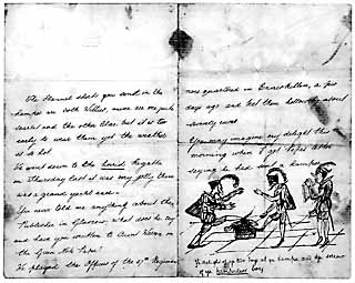 In Oscar Wilde's earliest known letter, the 14-year-old writes to his mother from boarding school, thanking her for sending him a package. His drawing is of two boys performing a jig around a hamper, while another boy weeps in the corner. Wilde's caption below the boys describes the scene: Ye delight of ye two boys at ye hamper and ye sorrow of ye hamperless boy.