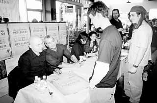 Smashing signatures: Billy Corgan (l) and his Pumpkins at their Waterloo Records in-store, 2000