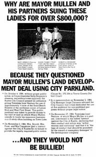 This May 1985 advertisement -- featuring Mary Arnold, Susan Toomey Frost, and Roberta Crenshaw -- appeared in the <i>Statesman</i> two days before the mayoral election. Incumbent Ron Mullen was defeated.