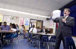 AISD Superintendent Pat Forgione speaks to parents at Harris Elementary on Monday night.