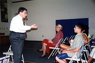 AISD Superintendent Pat Forgione debates his Blueprint plan with Blackshear Elementary sixth-grader Matthew Montalvo.