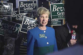 Beverly Griffith speaks to reporters after garnering only 29% of the vote Saturday. Two days later, she conceded the run-off to challenger Betty Dunkerley.