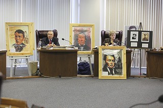 State Board of Education members Rene Nuñez and Mary Helen Berlanga sit surrounded by portraits of Hispanic heroes – their response to right-wing efforts to erase such historic figures from the curriculum. See <a href=http://www.austinchronicle.com/gyrobase/Issue/story?oid=oid:877735><b>A Virgin Walks Into a Civil Rights Debate ...</a></b>
