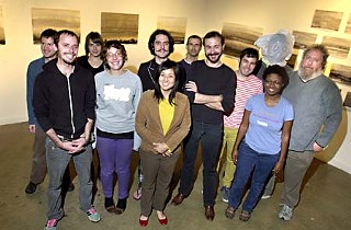 Salvage Vanguard Theater, November 2009: Aaron Mace (center, arms crossed), with volunteers (l-r): Paul Baker, Jeremy Hollinger, Amanda Lewis, Alissa DeRubeis, Bradford Kinney, Henna Chou, Jace
Toronto, George Pasterk, Nari M., unidentified,
Bob Bechtol